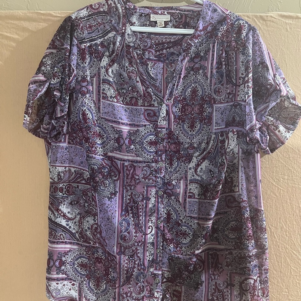 Elegant Paisley Print Blouse in Purple and black with buttoned front